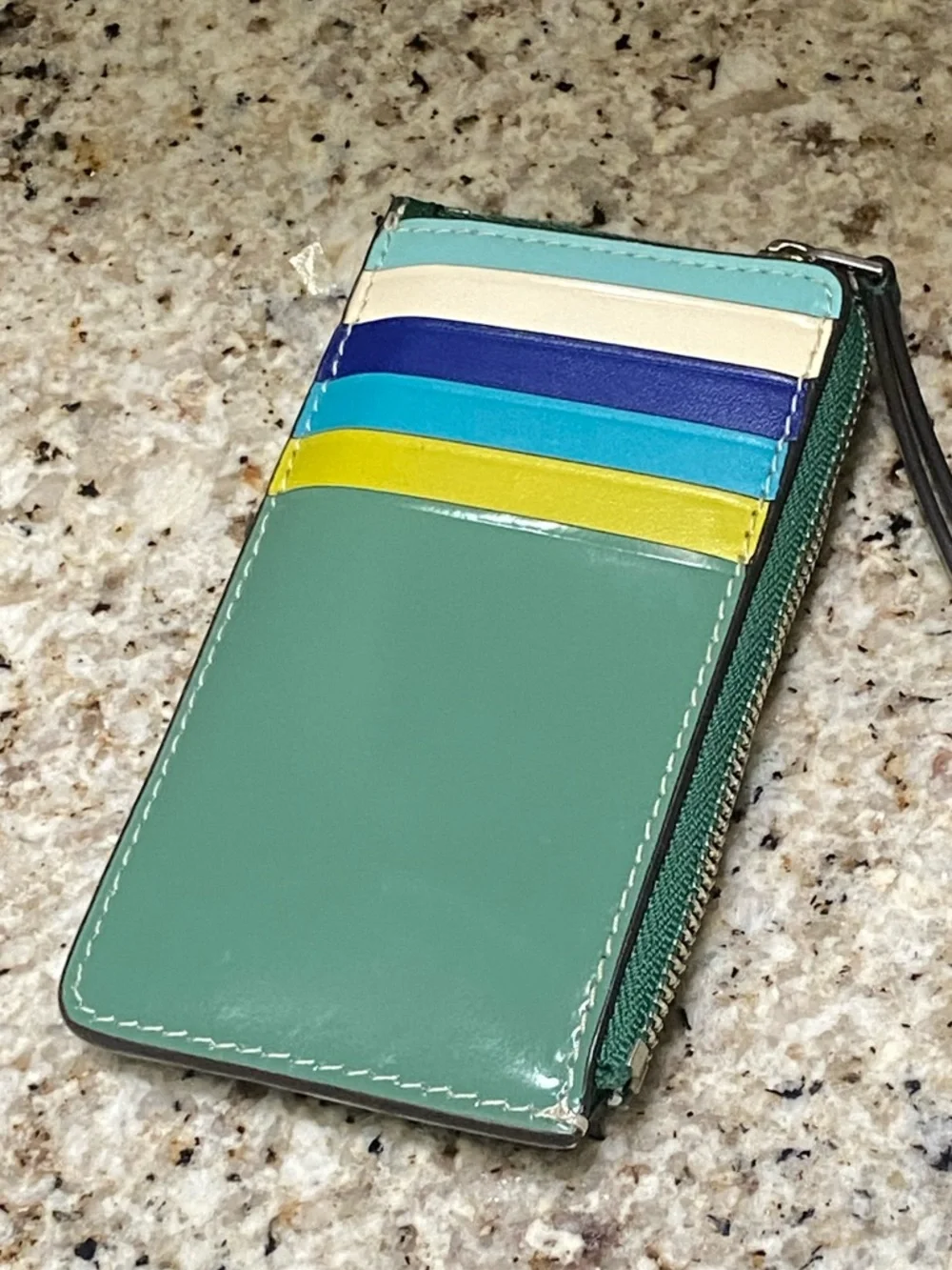Tory Burch Green Patent Leather Card Holder Zip Wallet Colorblock - Picture 3 of 6